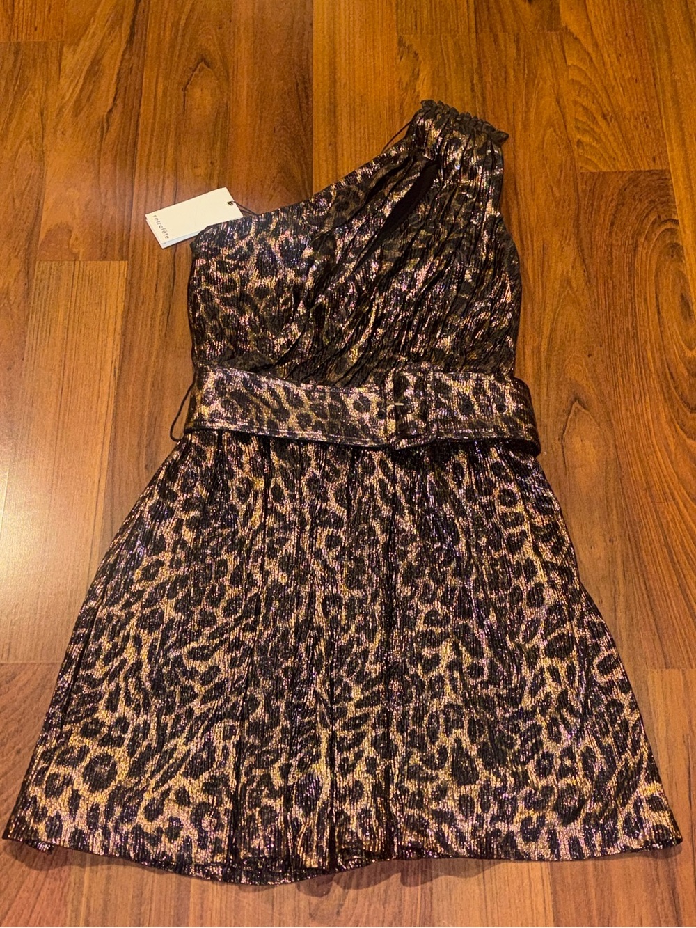 NWT Retrofete One Shoulder Leopard Metallic Mini Dress $495 Medium Revolve Black